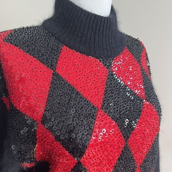 Vintage IB Diffusion Sequin Argyle Mock Neck Sweater Small Silk Wool Red disco - Picture 5 of 11